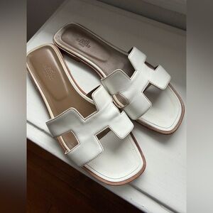Hermes Oran White Leather Slide Sandals